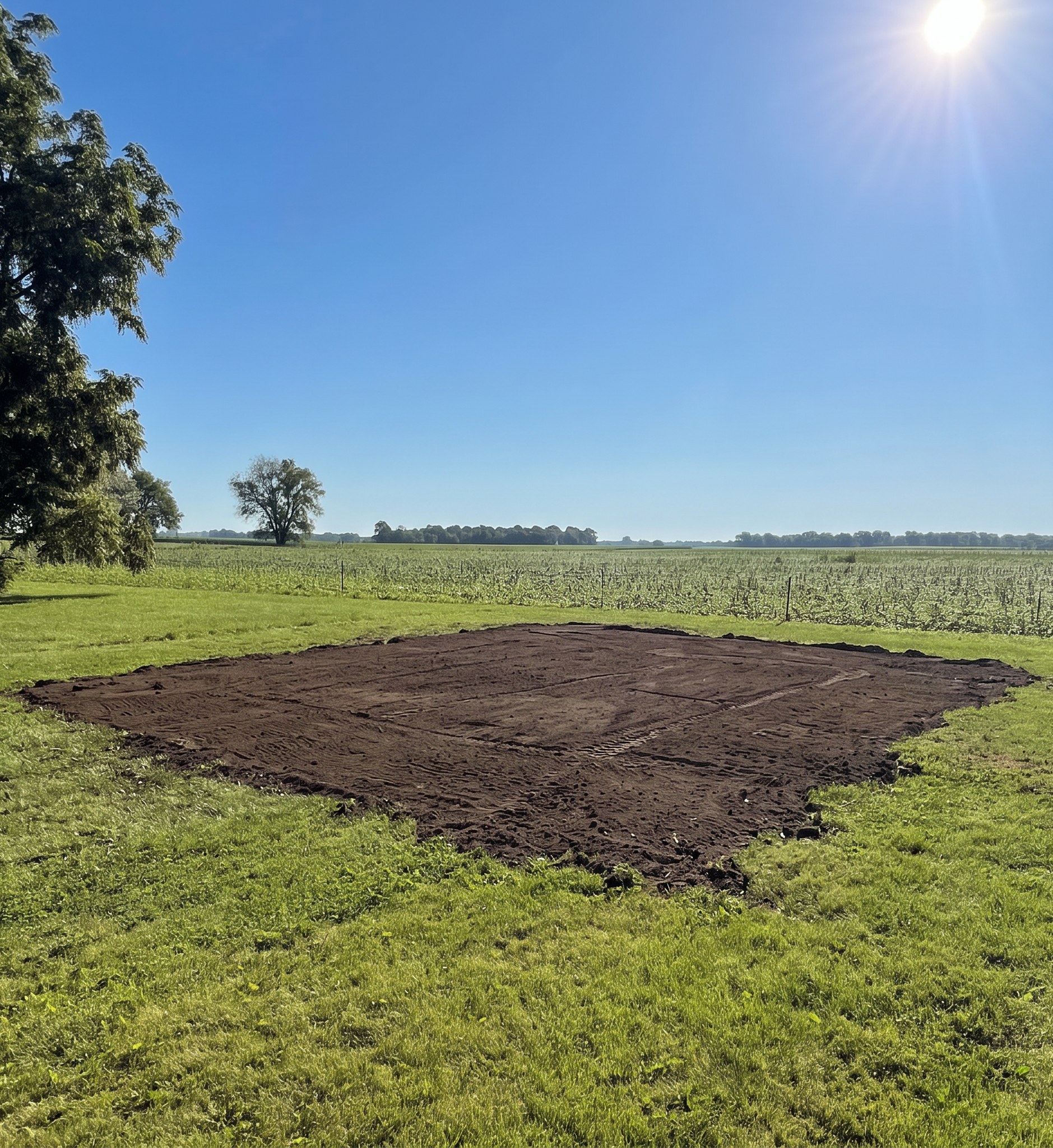 After demolition — clean graded pad where a barn once stood
